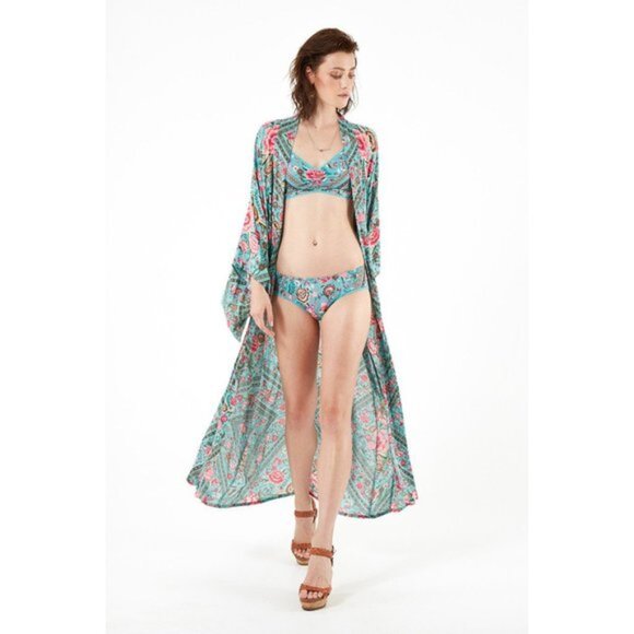 Spell & The Gypsy Babushka Turquoise Maxi Kimono Robe OS b225e - Picture 3 of 13